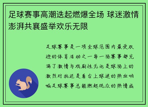 足球赛事高潮迭起燃爆全场 球迷激情澎湃共襄盛举欢乐无限