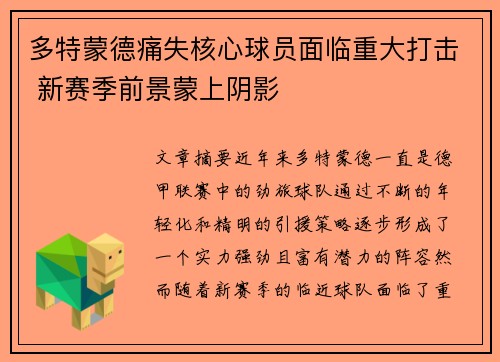 多特蒙德痛失核心球员面临重大打击 新赛季前景蒙上阴影