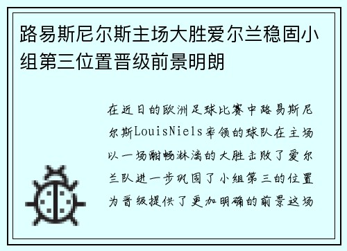 路易斯尼尔斯主场大胜爱尔兰稳固小组第三位置晋级前景明朗