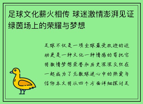 足球文化薪火相传 球迷激情澎湃见证绿茵场上的荣耀与梦想