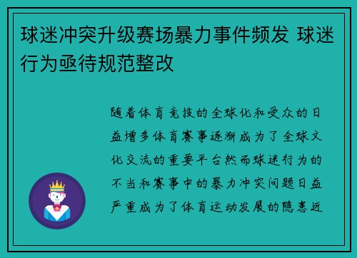 球迷冲突升级赛场暴力事件频发 球迷行为亟待规范整改