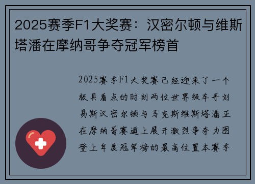 2025赛季F1大奖赛：汉密尔顿与维斯塔潘在摩纳哥争夺冠军榜首