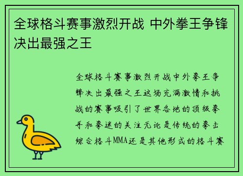 全球格斗赛事激烈开战 中外拳王争锋决出最强之王